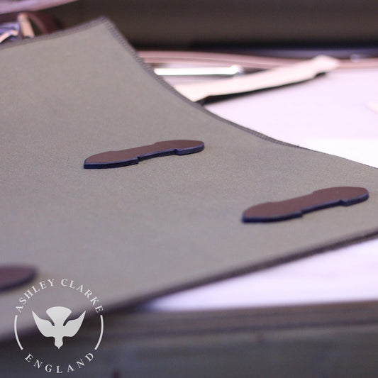 Laying out the tabs on the fabric, ready for sewing for the Ashley Clarke England duffle bag