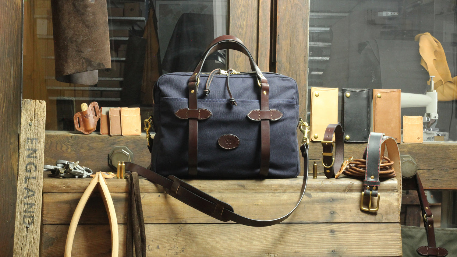 navy black waxed canvas briefcase work bag with leather accents by Ashley Clarke
