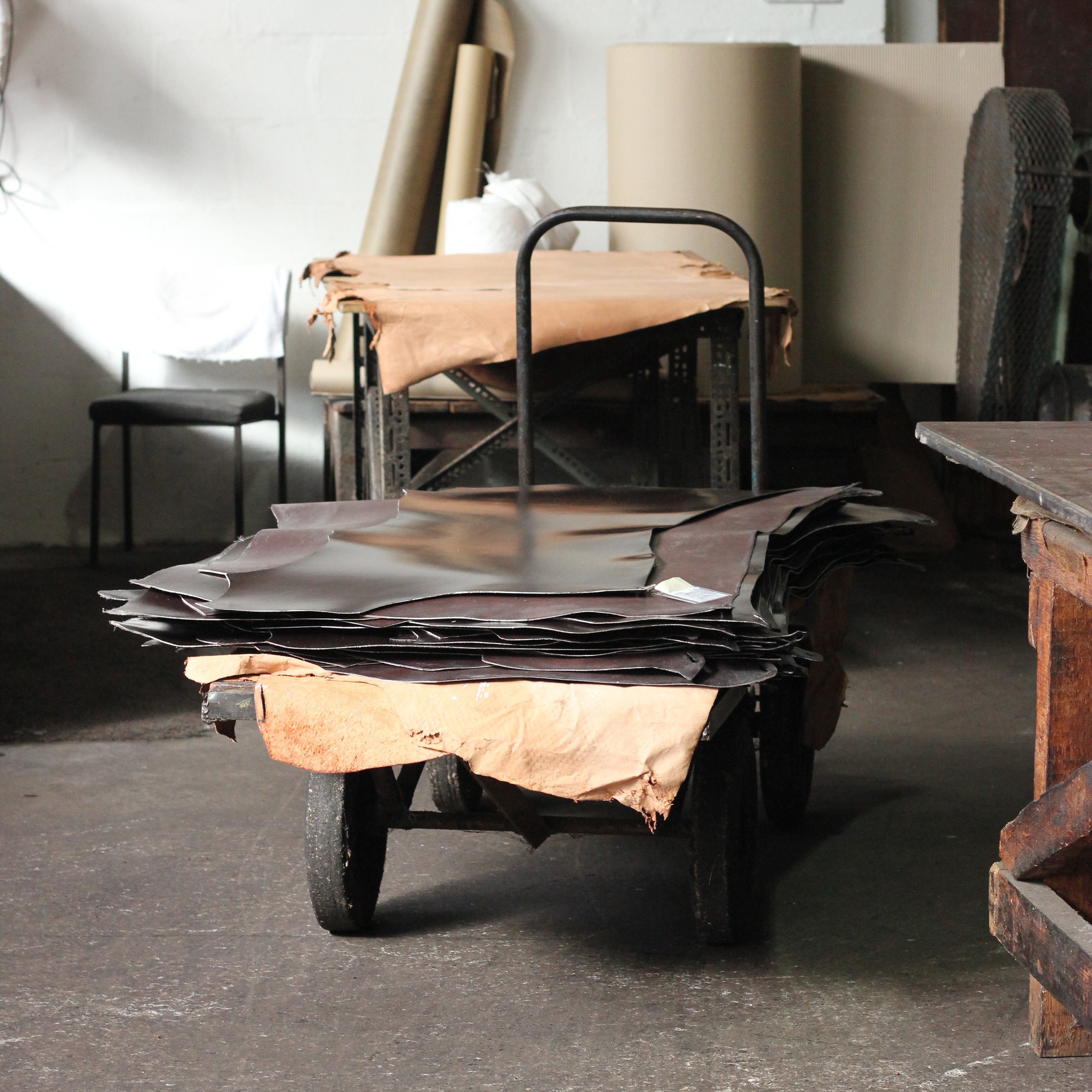 Bridle leather on a tannery trolley